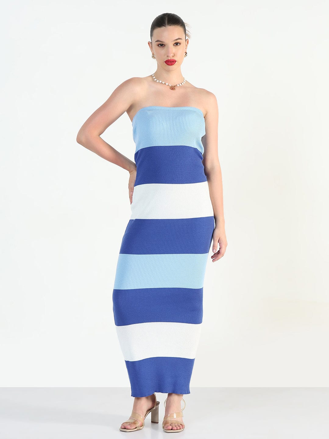Ribbed Striped Blue Bandeau Bodycon Dresses