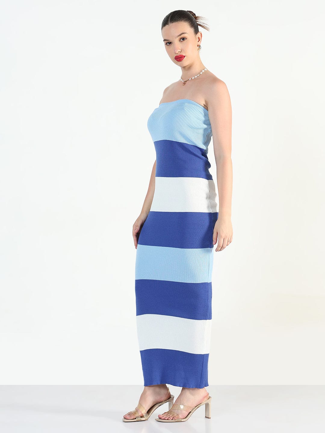 Ribbed Striped Blue Bandeau Bodycon Dresses