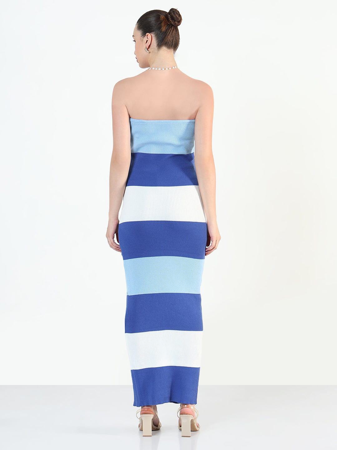 Ribbed Striped Blue Bandeau Bodycon Dresses