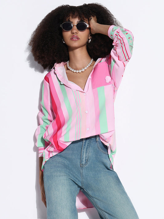Women's Striped Pink Oversized Shirt with Chest Pocket