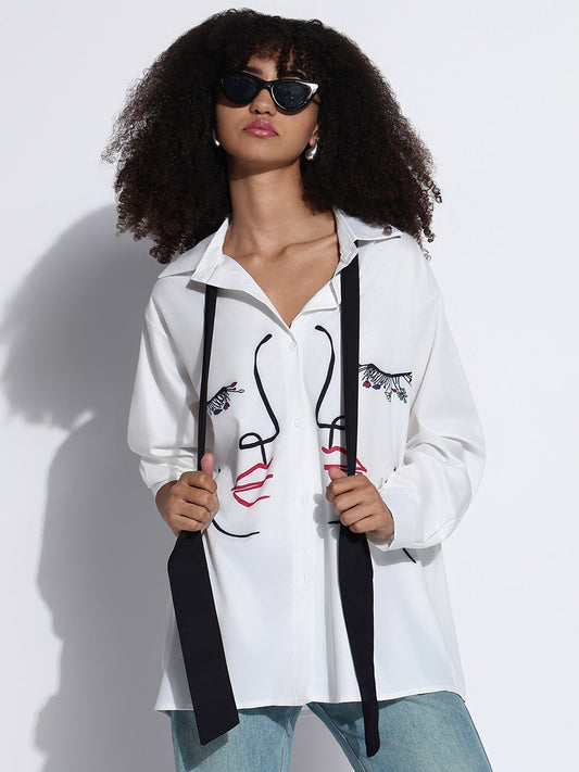 Women's Graphic White Oversized Shirt with Tie