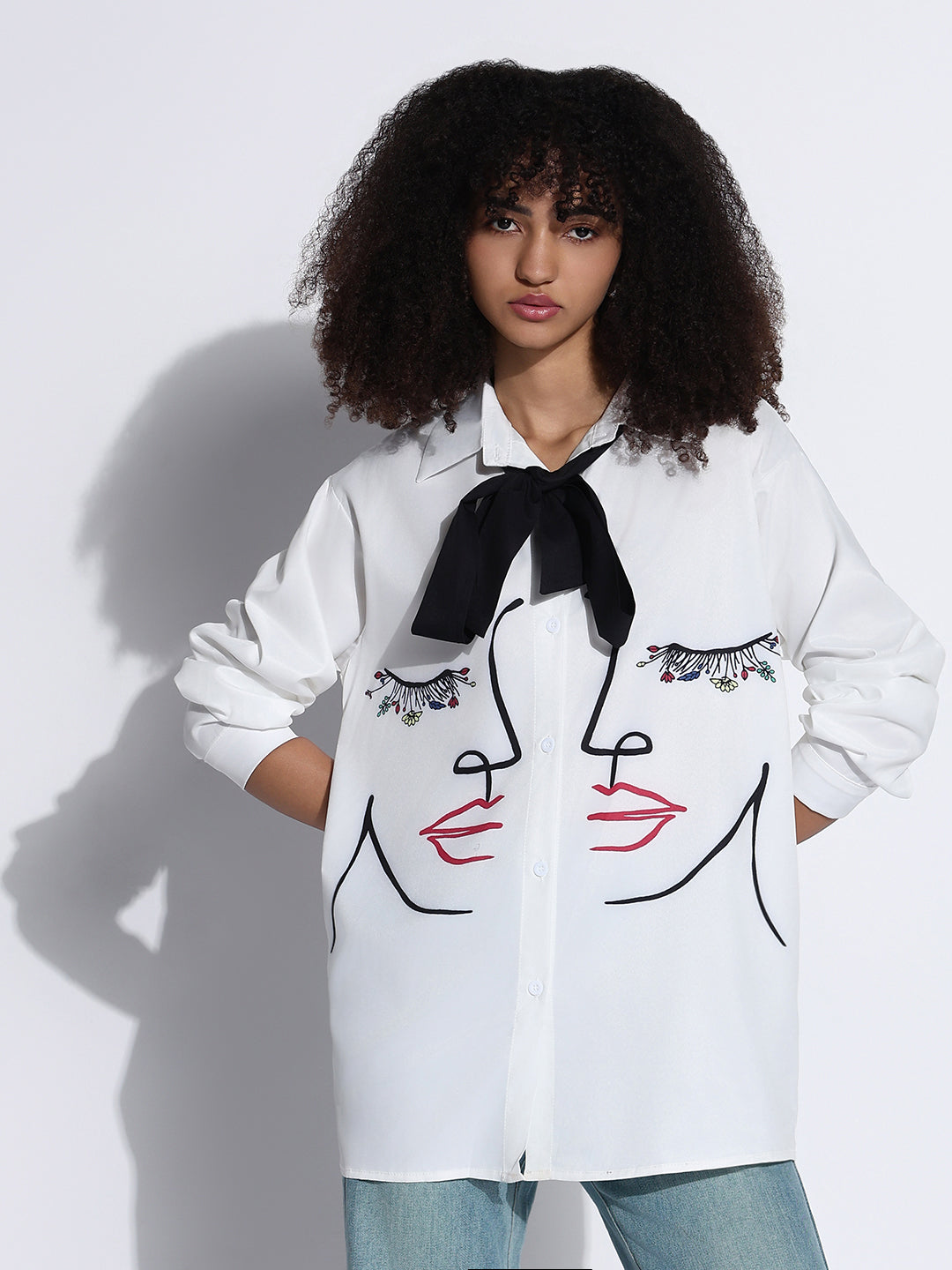 Women's Graphic White Oversized Shirt with Tie