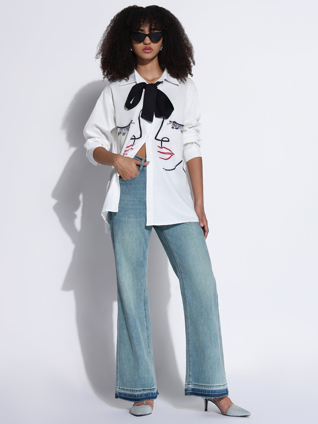 Women's Graphic White Oversized Shirt with Tie