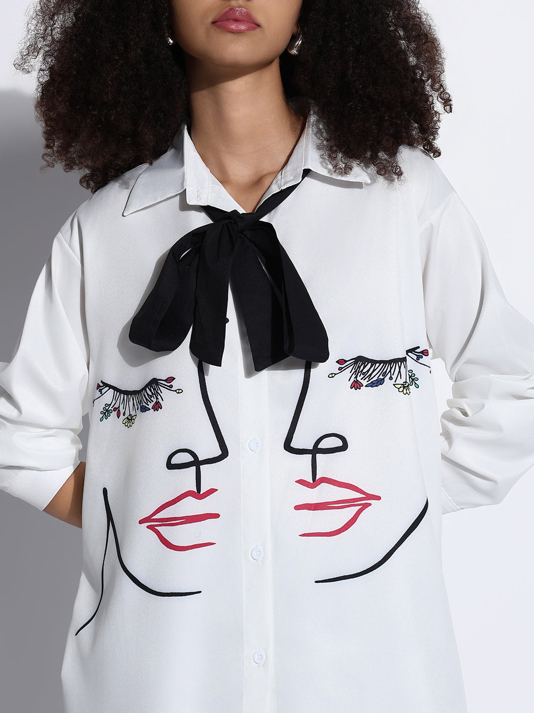 Women's Graphic White Oversized Shirt with Tie