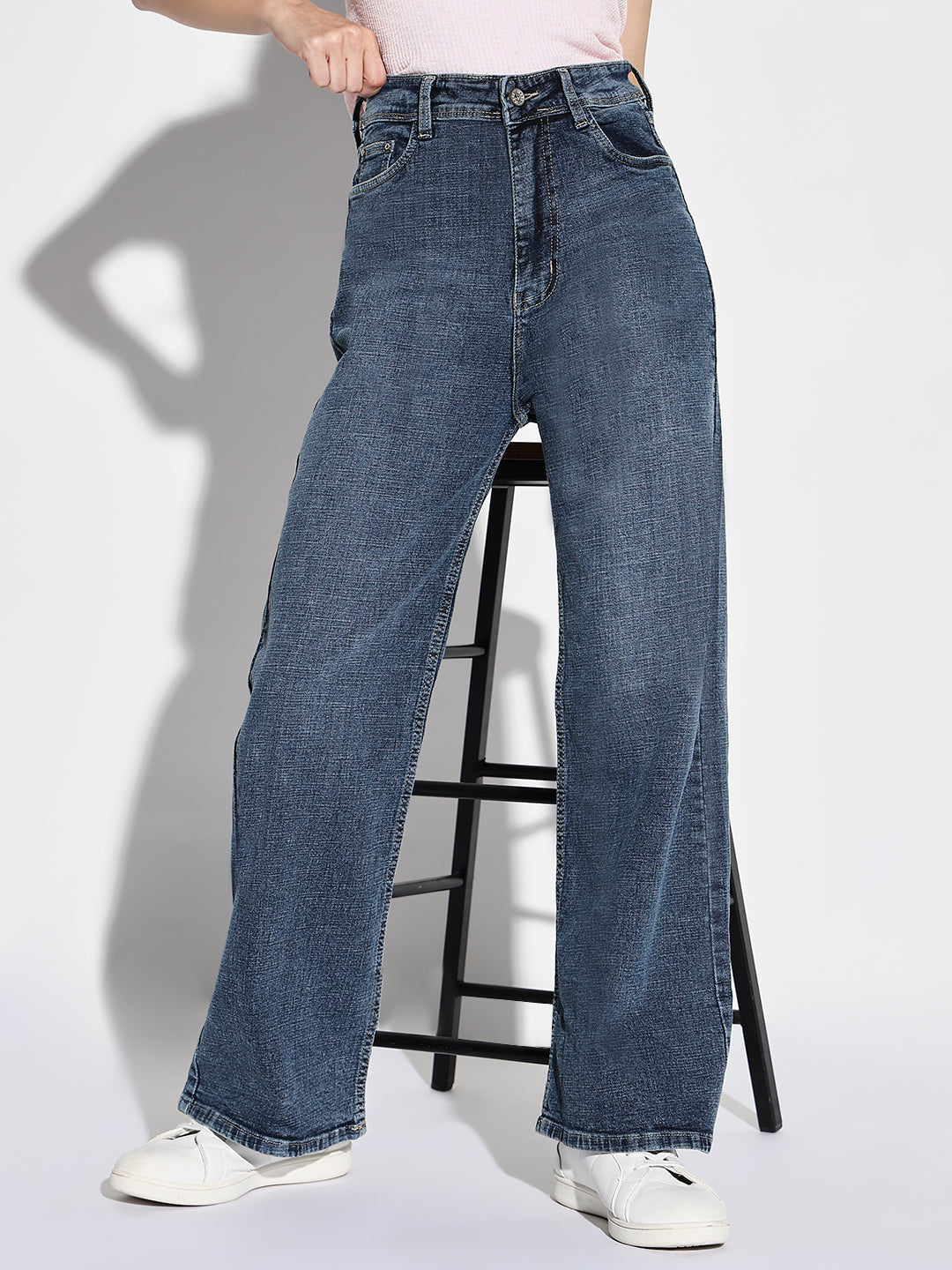 Navy Blue Comfort Wide Leg Acid Wash Denim Jeans