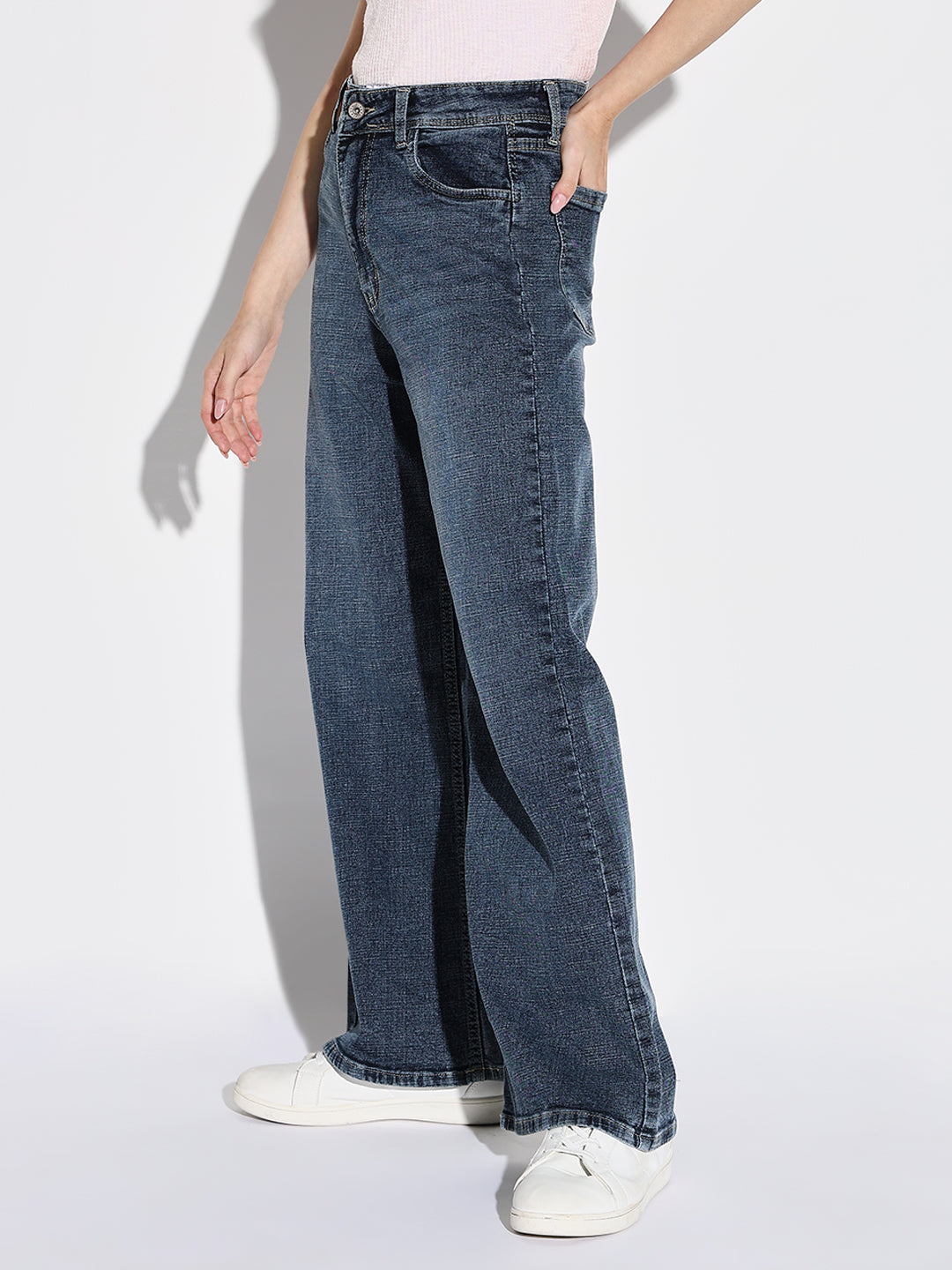 Navy Blue Comfort Wide Leg Acid Wash Denim Jeans