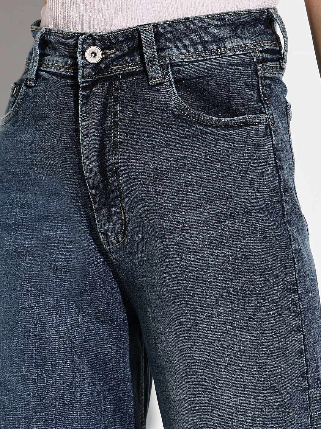 Navy Blue Comfort Wide Leg Acid Wash Denim Jeans