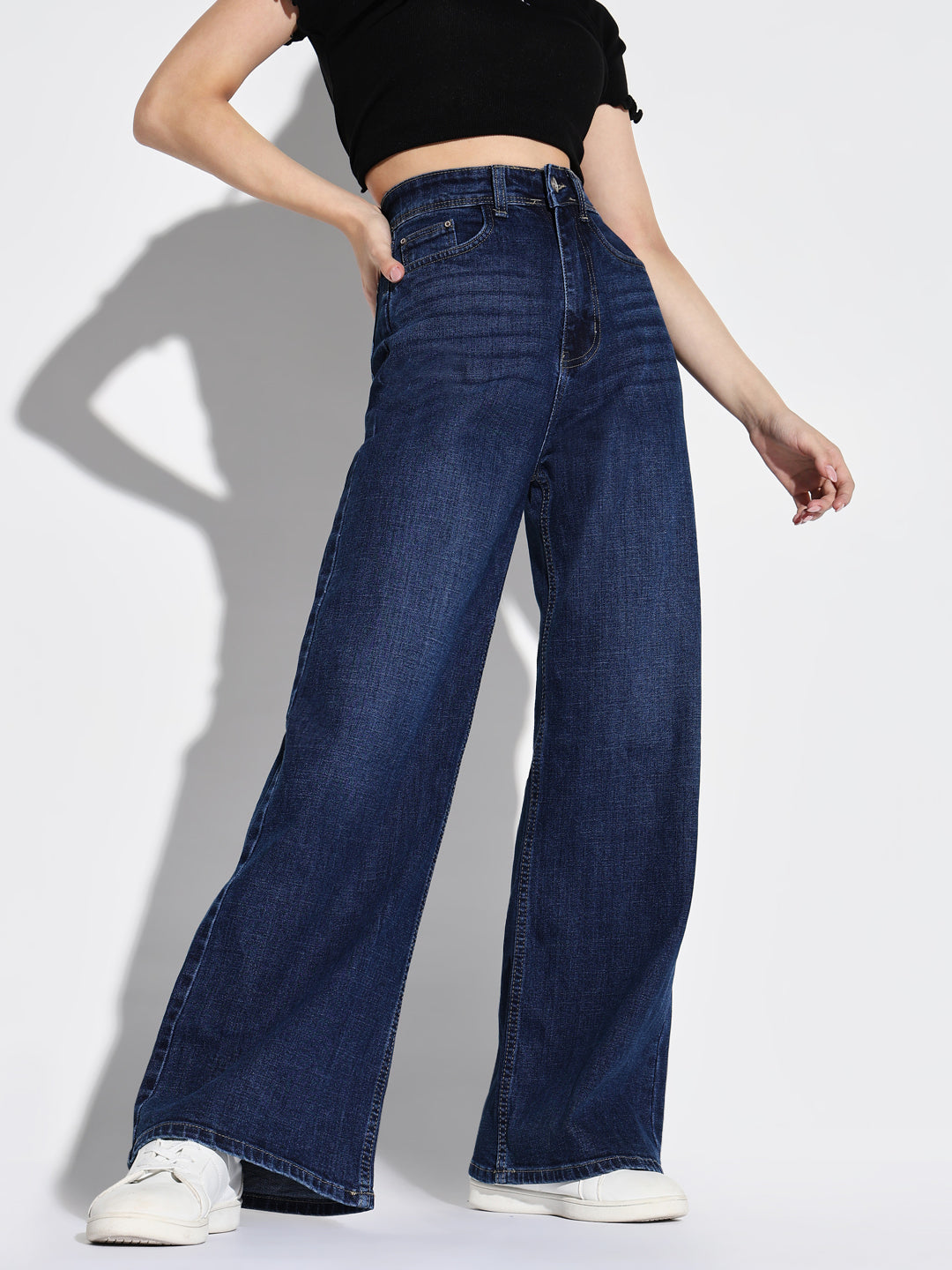 Navy Blue Comfort Wide Leg Light Fad Stretchable Jeans