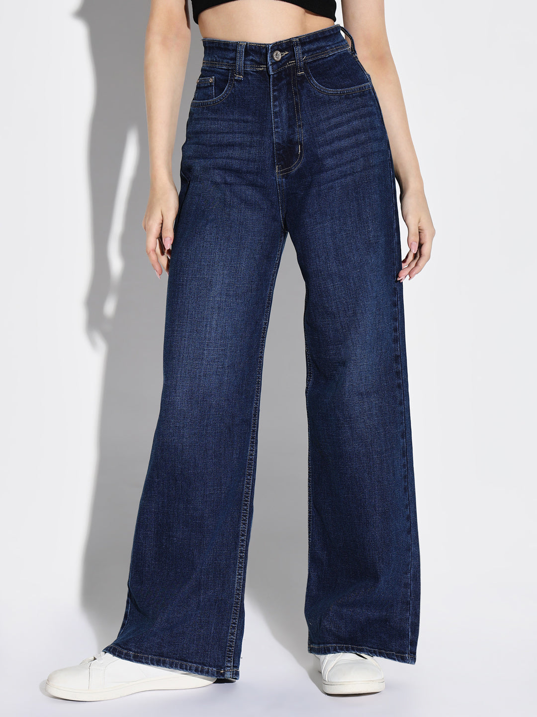 Navy Blue Comfort Wide Leg Light Fad Stretchable Jeans