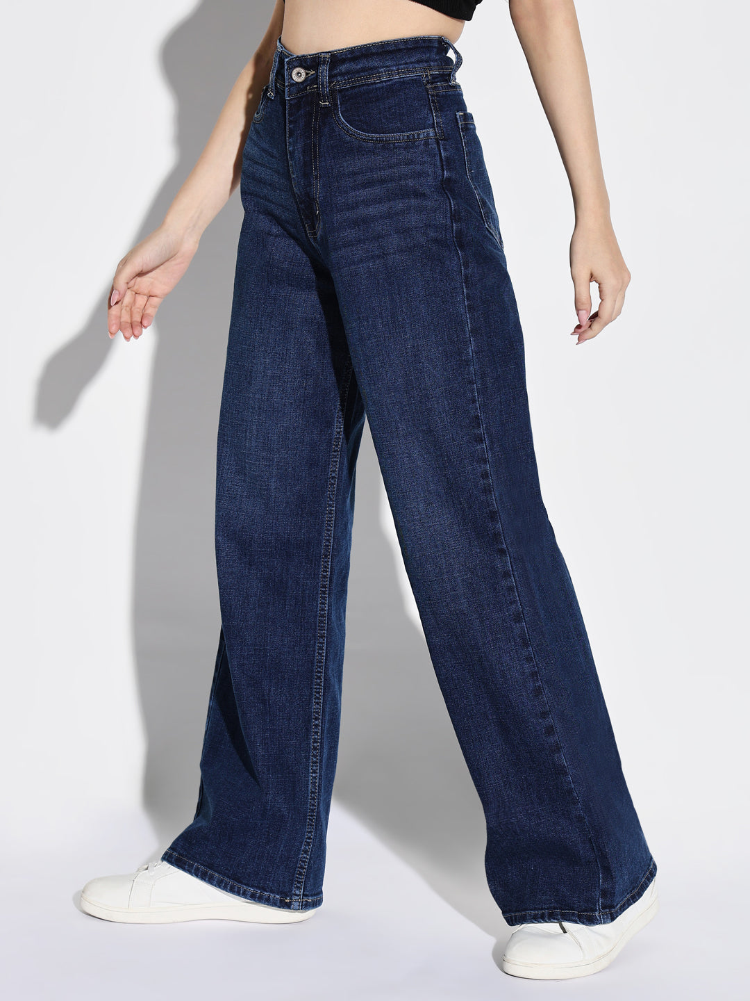 Navy Blue Comfort Wide Leg Light Fad Stretchable Jeans
