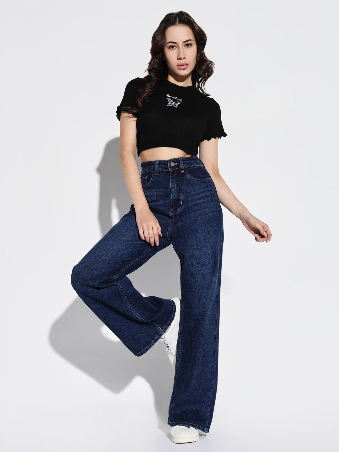 Navy Blue Comfort Wide Leg Light Fad Stretchable Jeans