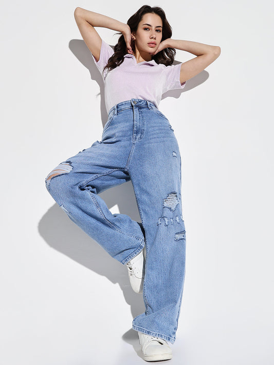 Blue Comfort Wide Leg Slash Knee Light Fade Acid Wash Stretchable Jeans