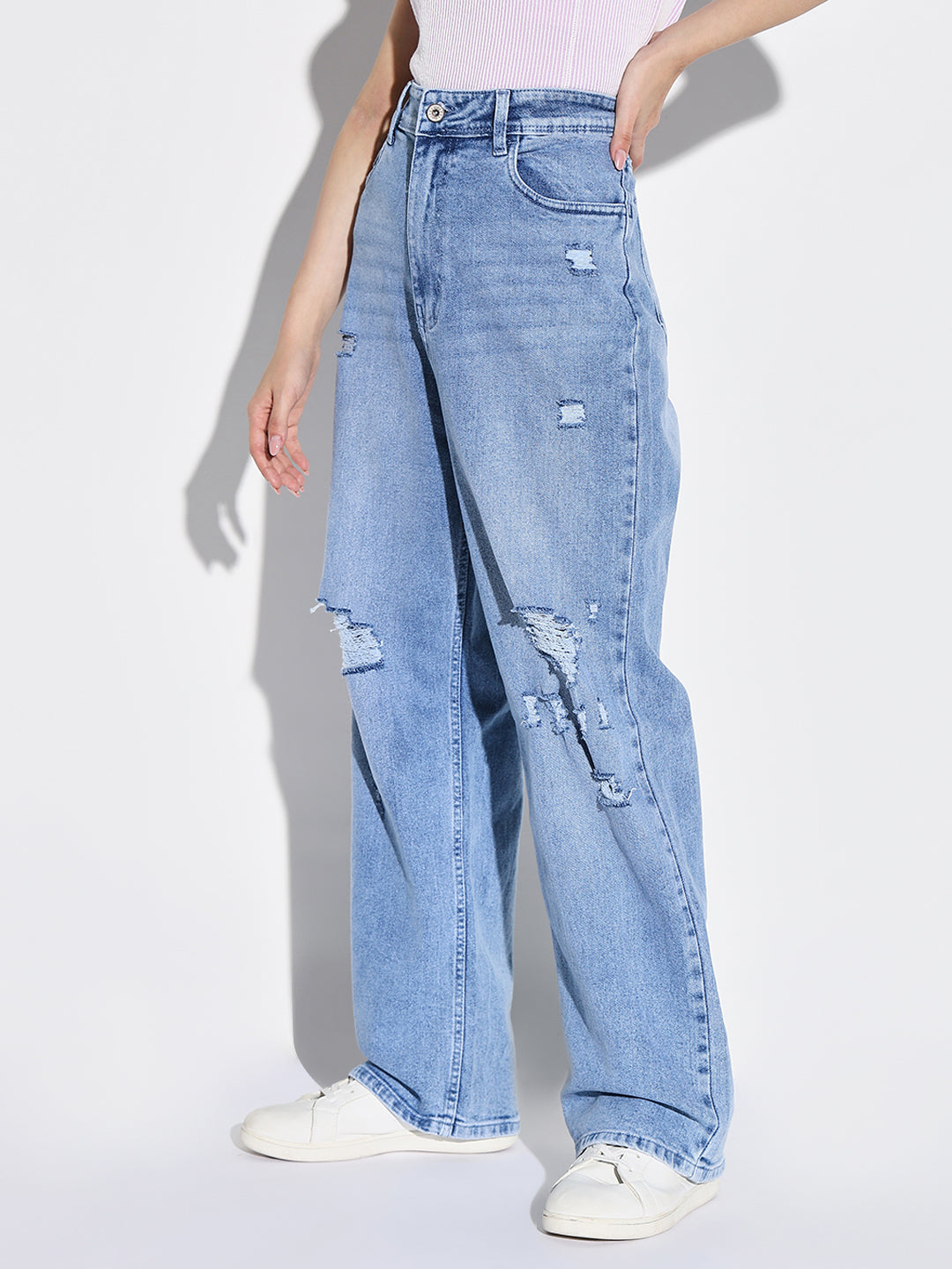 Blue Comfort Wide Leg Slash Knee Light Fade Acid Wash Stretchable Jeans