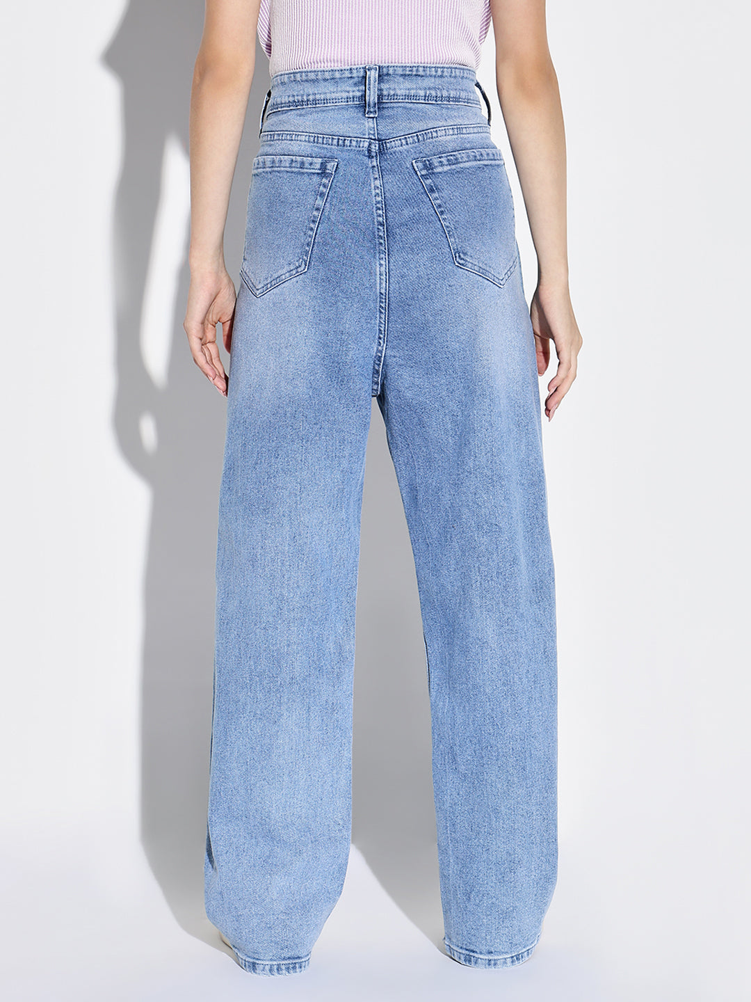 Blue Comfort Wide Leg Slash Knee Light Fade Acid Wash Stretchable Jeans