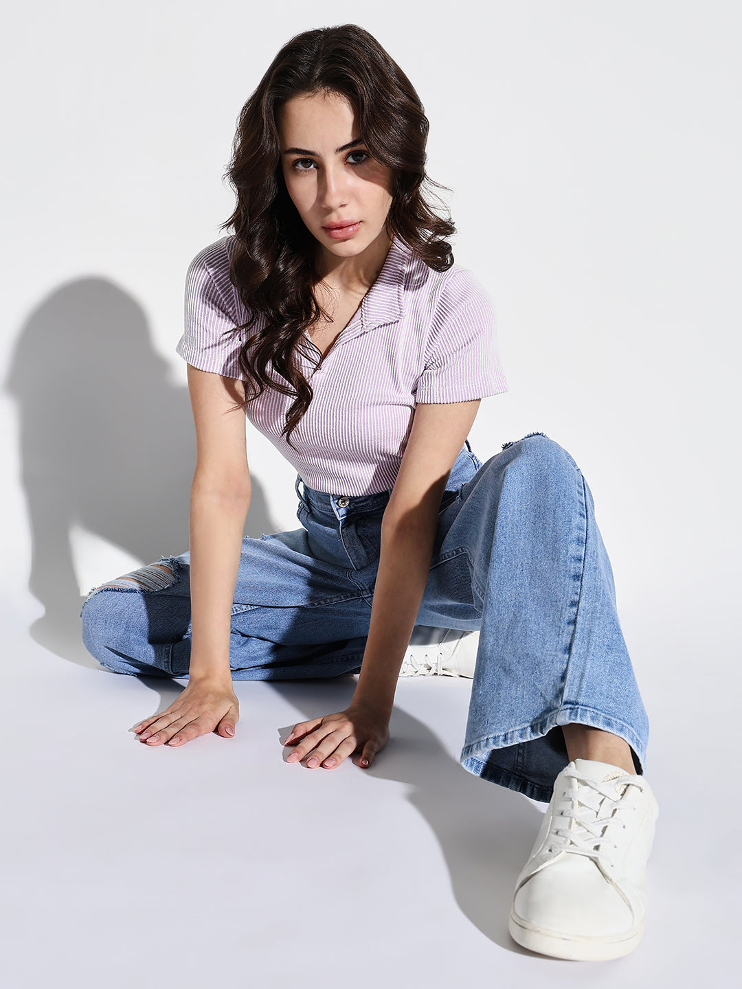 Blue Comfort Wide Leg Slash Knee Light Fade Acid Wash Stretchable Jeans