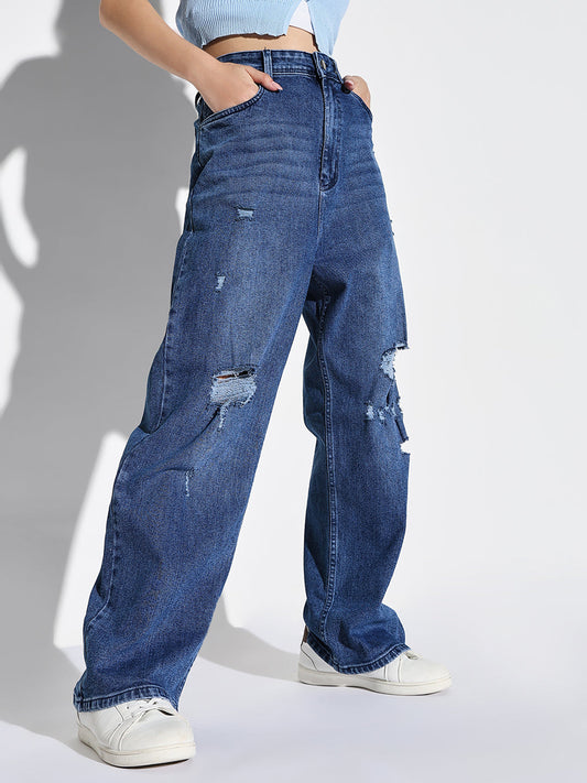 Blue Comfort Wide Leg Low Distress Light Fade Acid Wash Stretchable Jeans