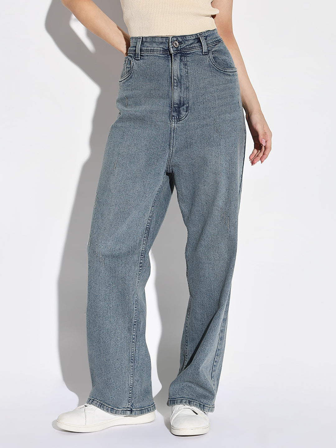 Blue Comfort Wide Leg Low Distress Light Fade Acid Wash Stretchable Jeans