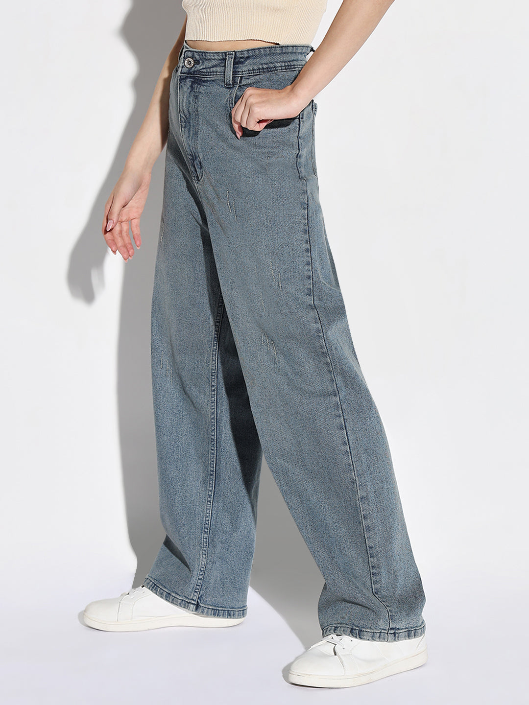 Blue Comfort Wide Leg Low Distress Light Fade Acid Wash Stretchable Jeans