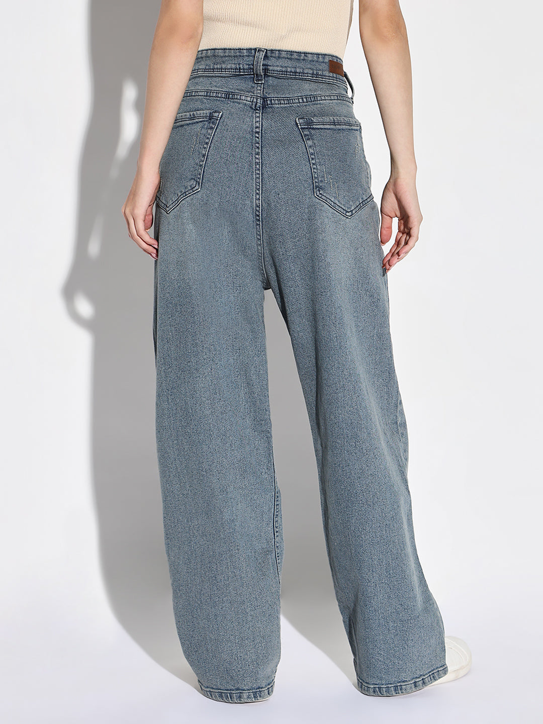 Blue Comfort Wide Leg Low Distress Light Fade Acid Wash Stretchable Jeans