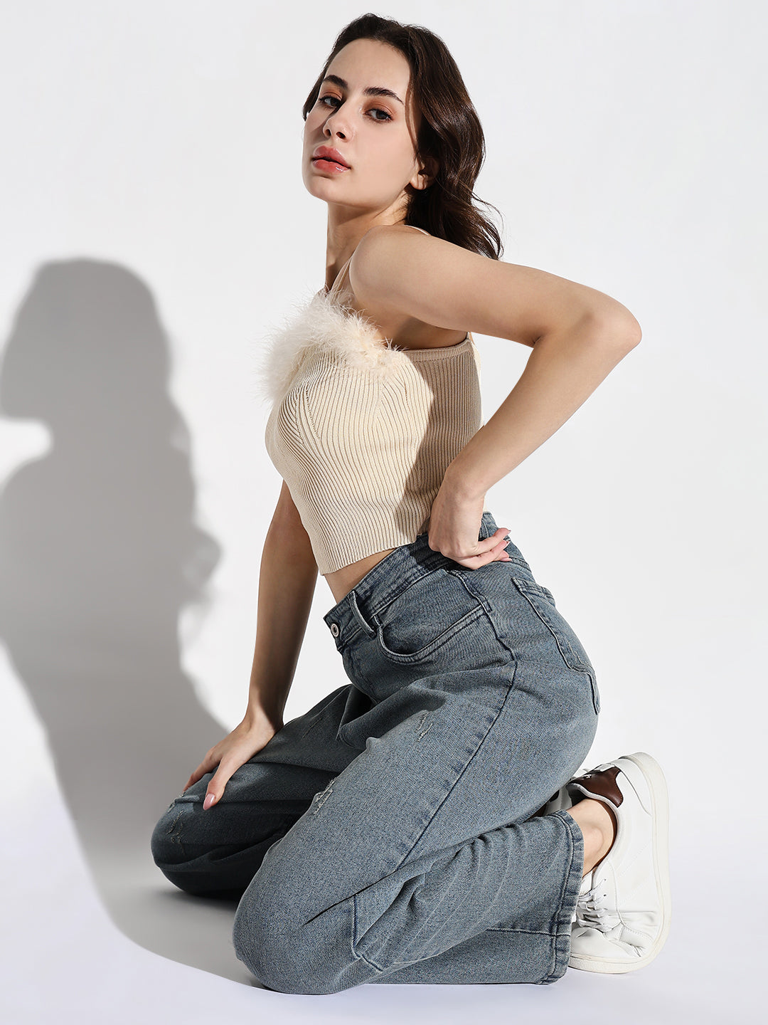 Blue Comfort Wide Leg Low Distress Light Fade Acid Wash Stretchable Jeans