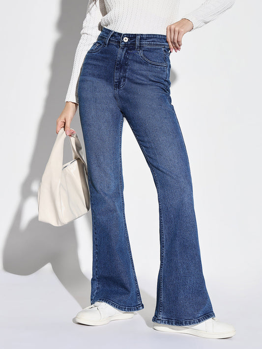 Blue Cotton Mid-Rise Comfort Bootcut Light Fade Acid Wash Stretchable Jeans