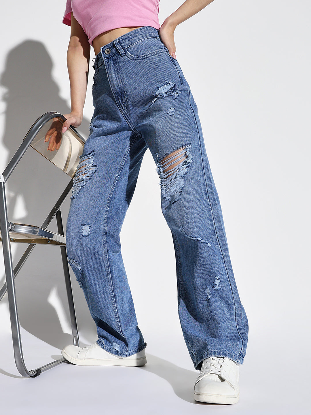 Blue Comfort Wide Leg Highly Distressed Light Fade Jeans