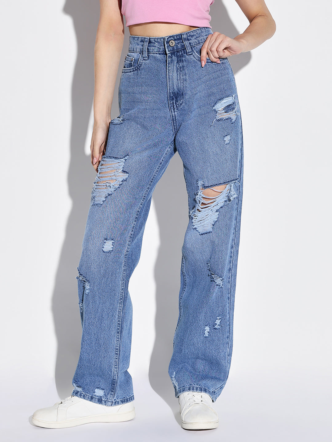 Blue Comfort Wide Leg Highly Distressed Light Fade Jeans