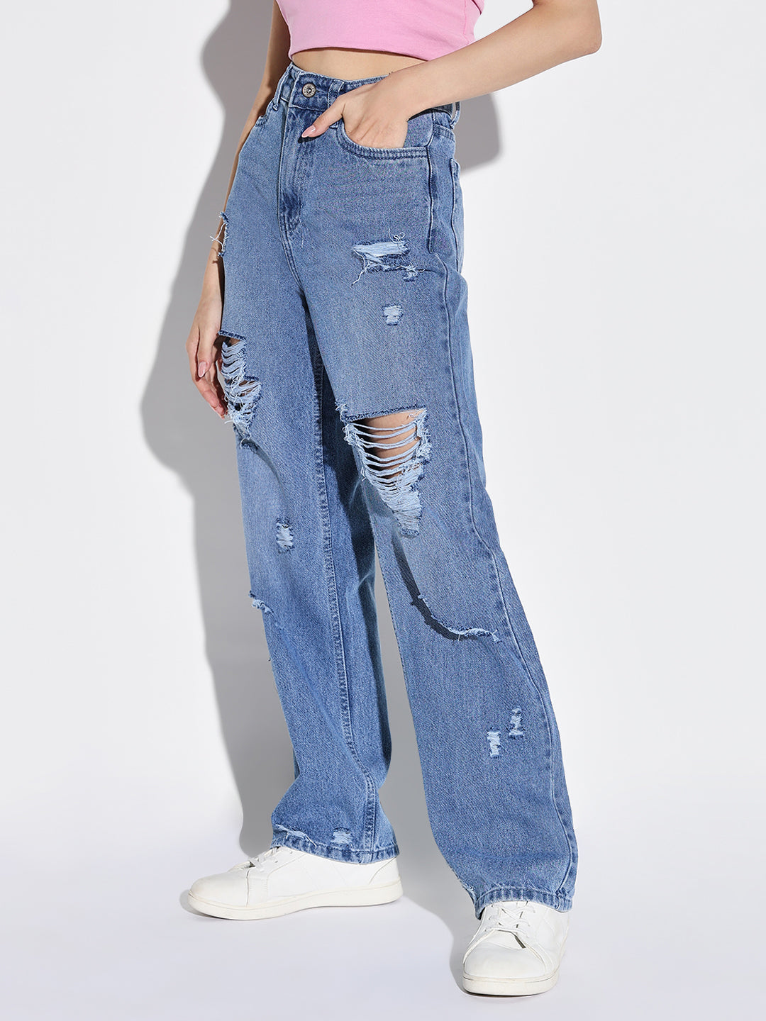 Blue Comfort Wide Leg Highly Distressed Light Fade Jeans