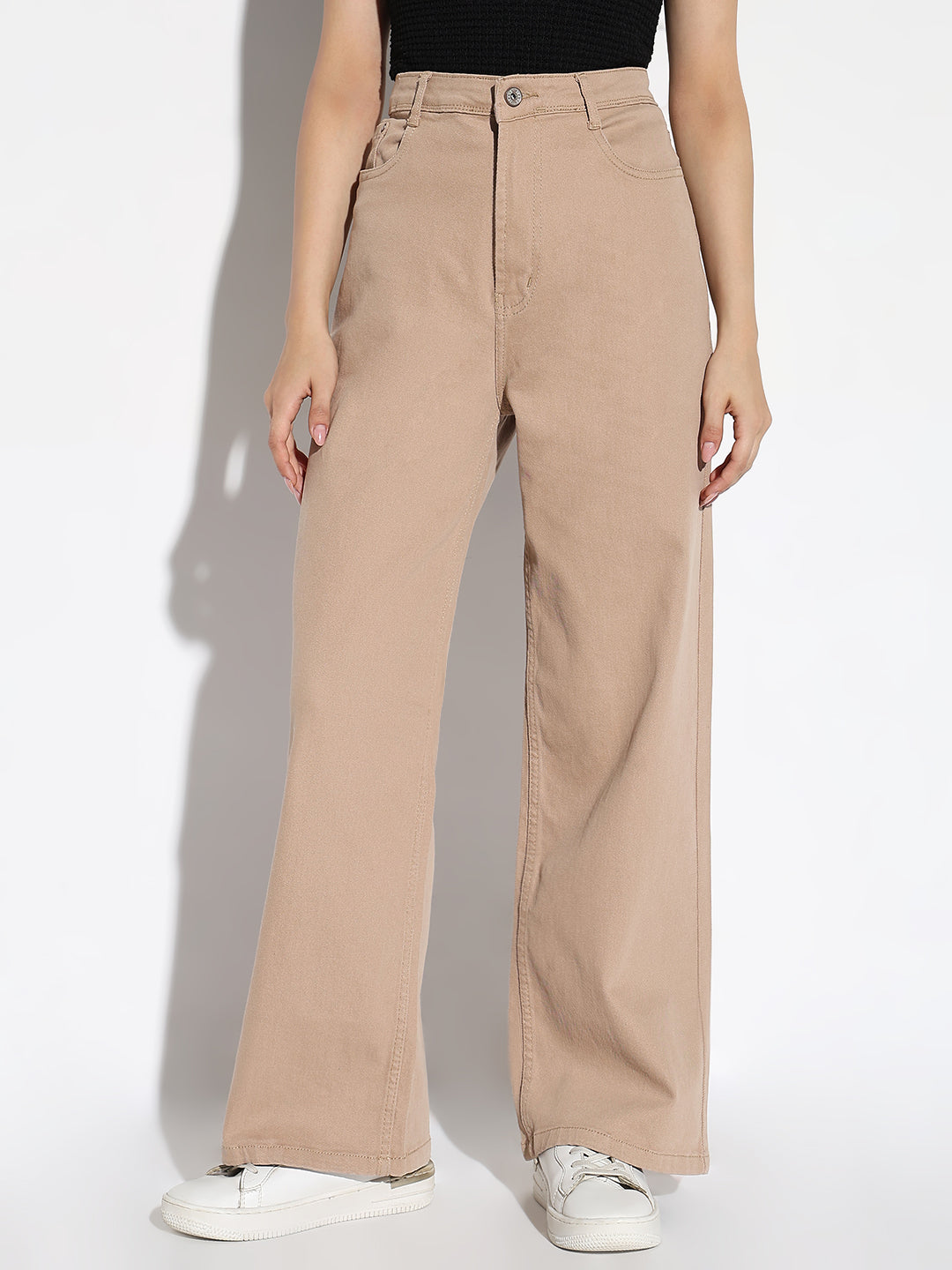 Beige Comfort Wide Leg Denim Jeans