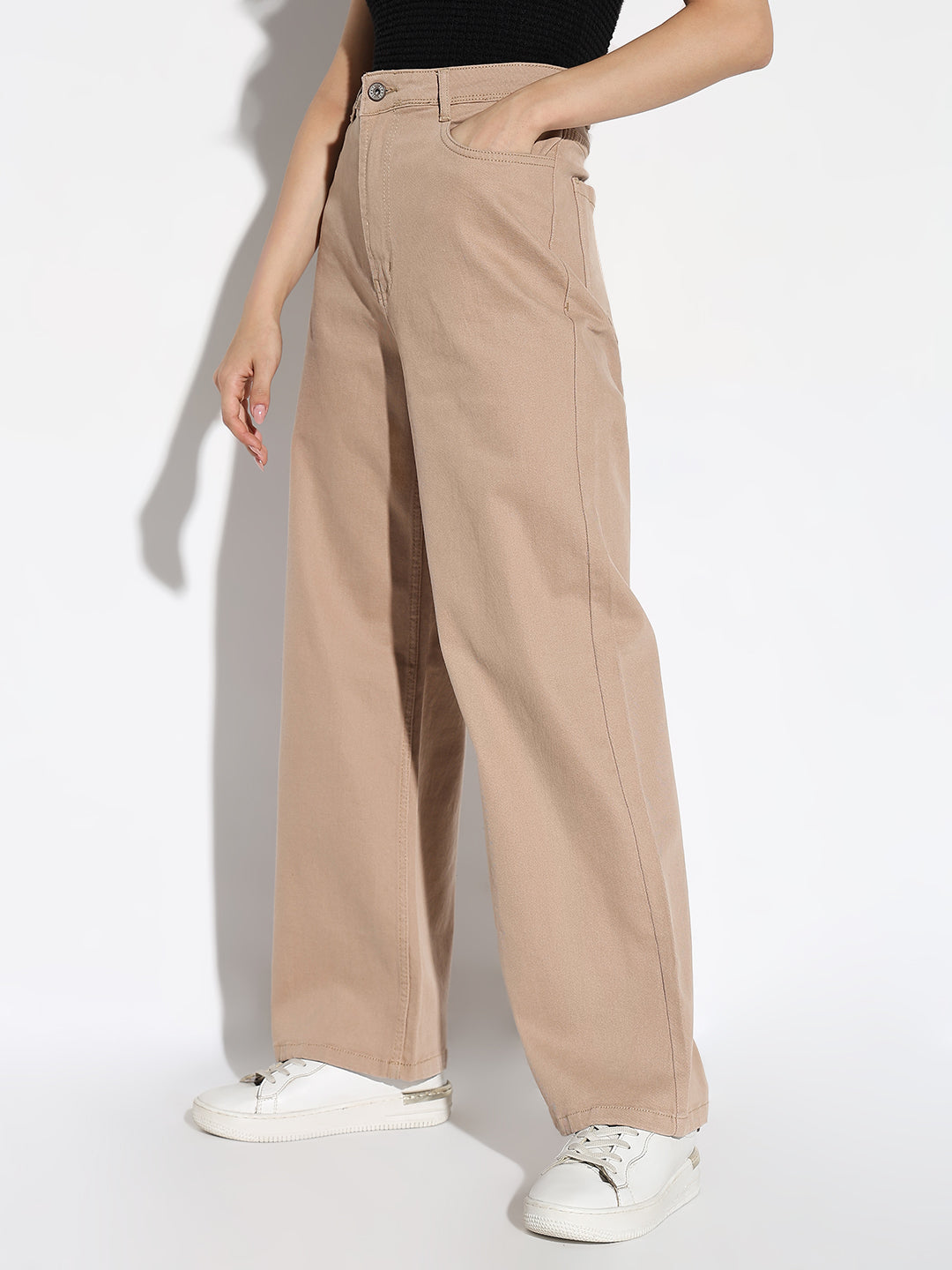 Beige Comfort Wide Leg Denim Jeans