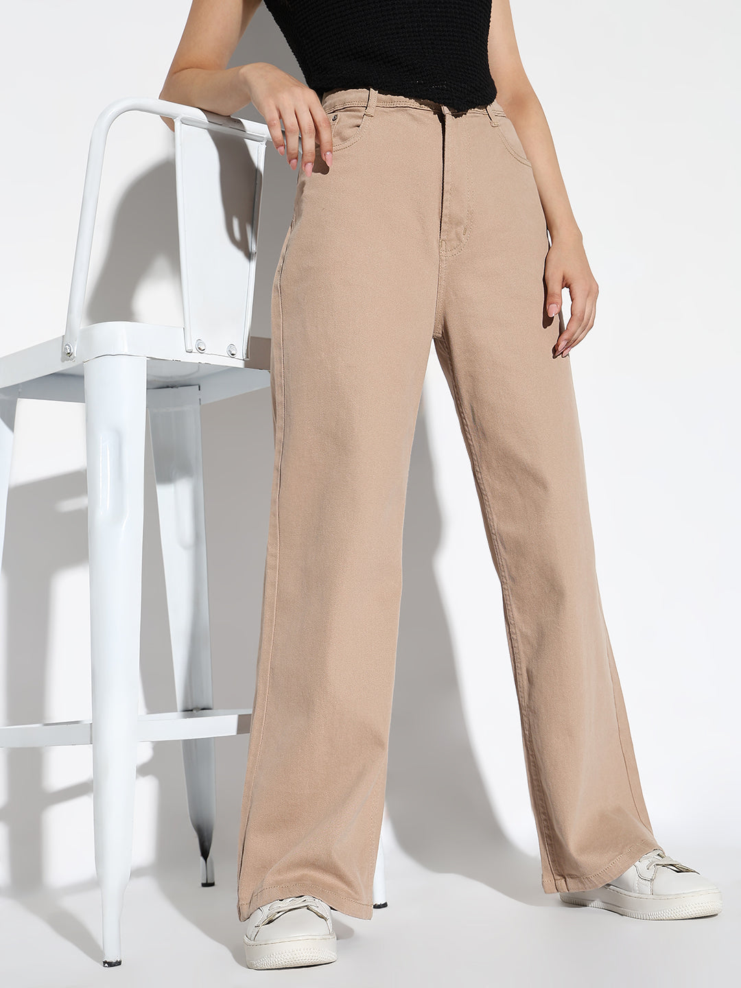 Beige Comfort Wide Leg Denim Jeans