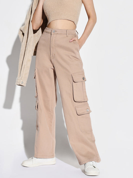 Beige Comfort Wide Leg Acid Wash Cargo Styles Jeans