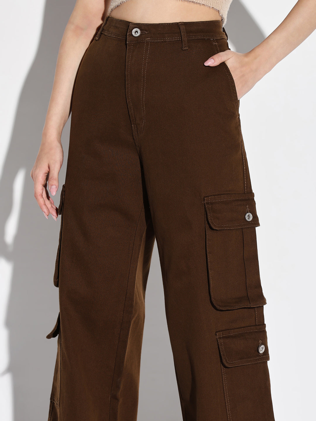 Brown Cotton Comfort Wide Leg Mid-Rise Acid Wash Jeans