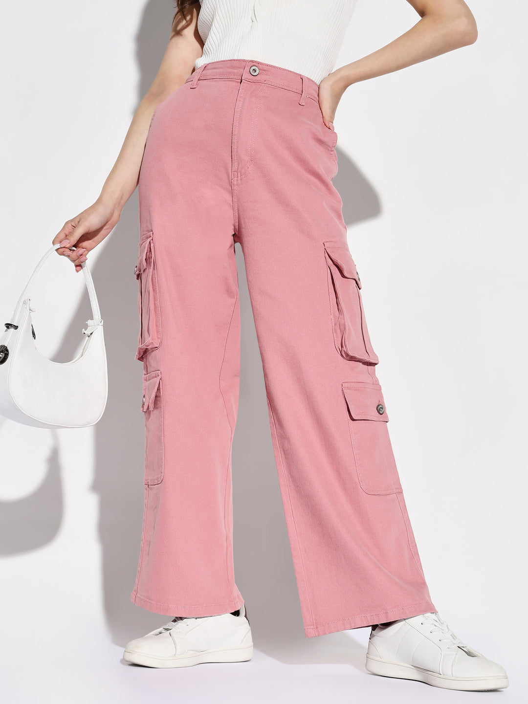 Pink Comfort Mid-Rise Cotton Wide Leg Jeans