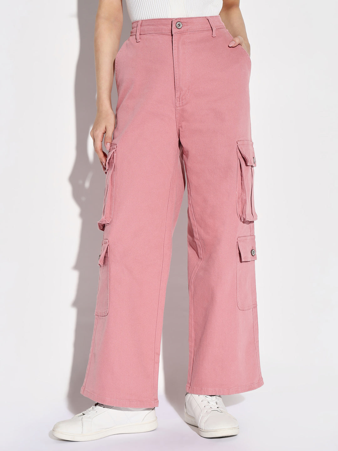 Pink Comfort Mid-Rise Cotton Wide Leg Jeans
