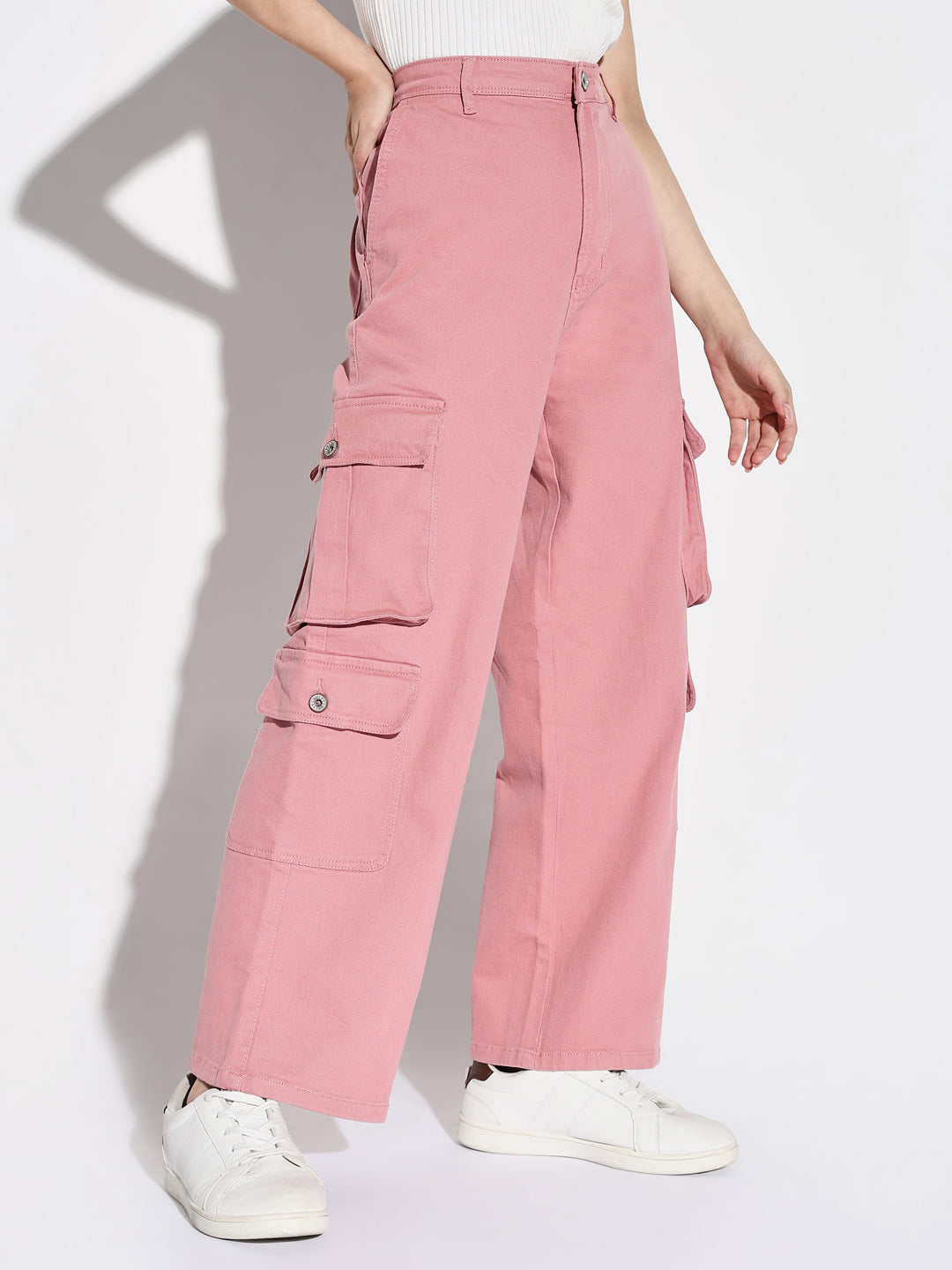 Pink Comfort Mid-Rise Cotton Wide Leg Jeans