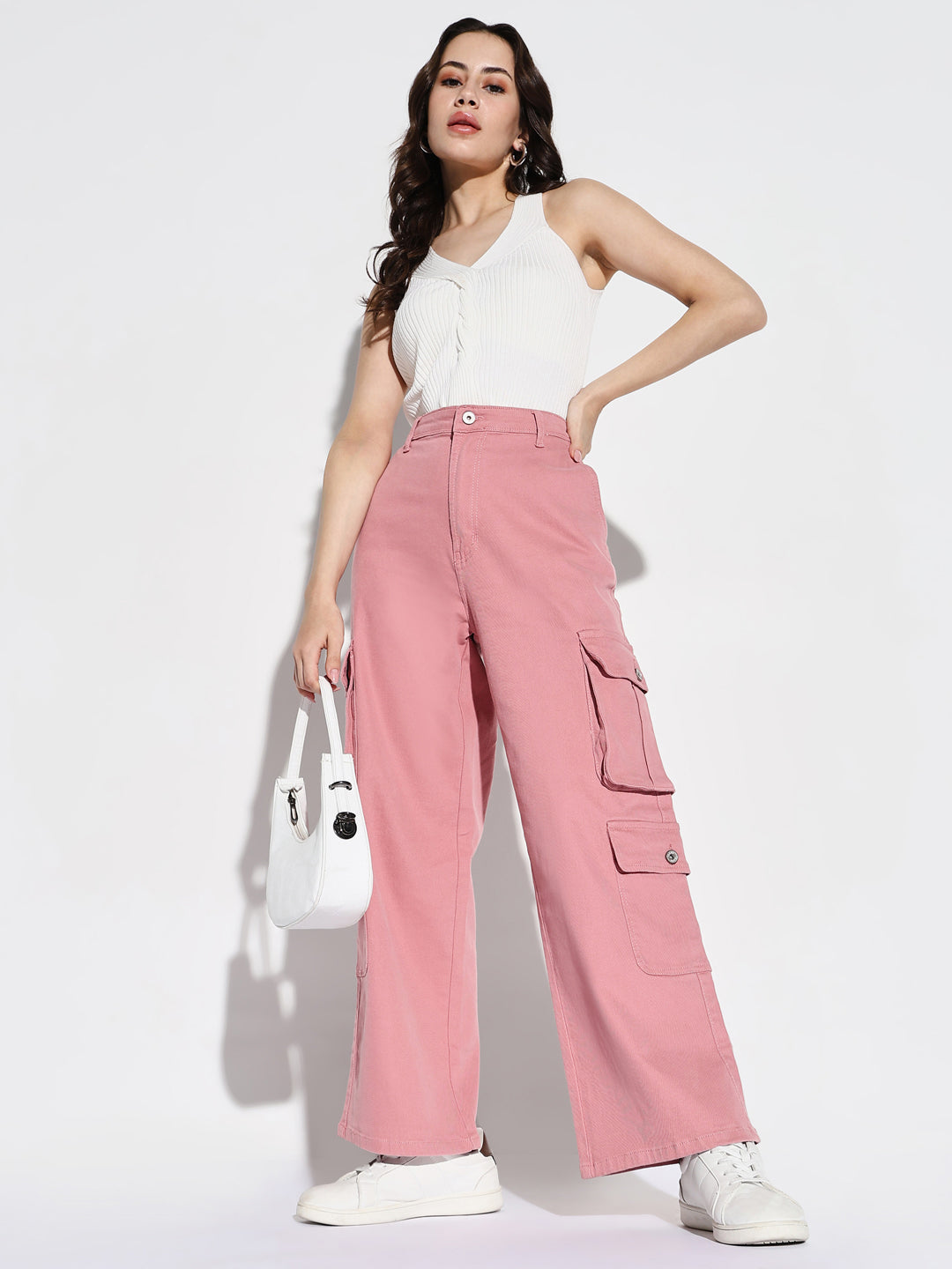 Pink Comfort Mid-Rise Cotton Wide Leg Jeans