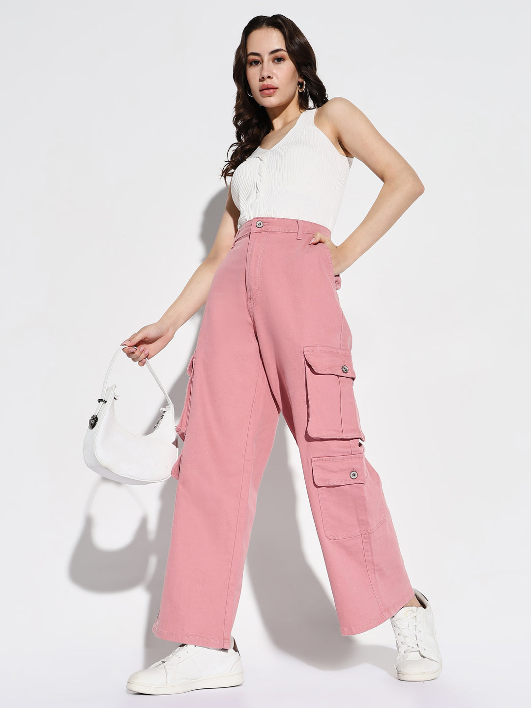Pink Comfort Mid-Rise Cotton Wide Leg Jeans