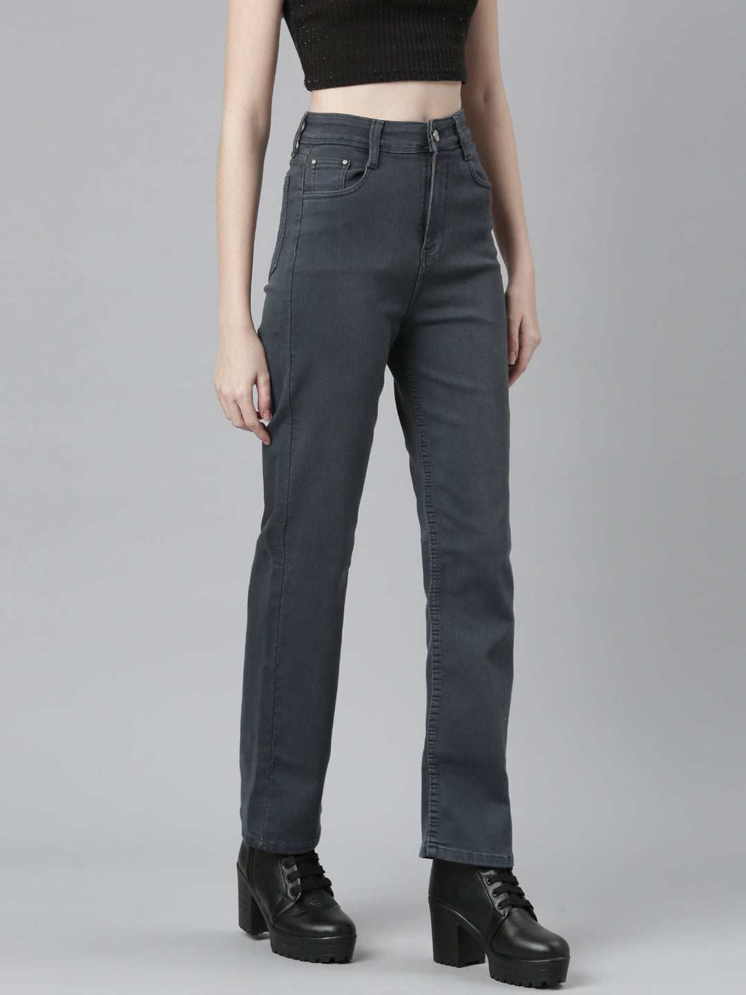 Grey Jean Straight Fit Mid-Rise Acid Wash Stretchable Jeans