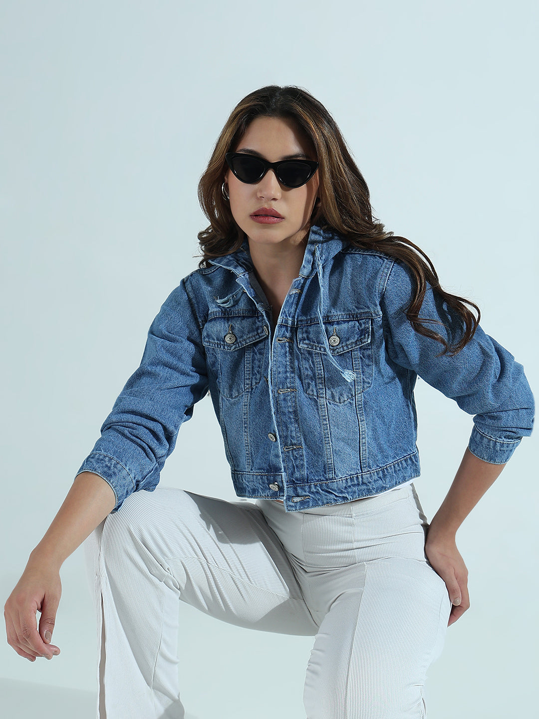 Solid Blue Hooded Denim Jacket