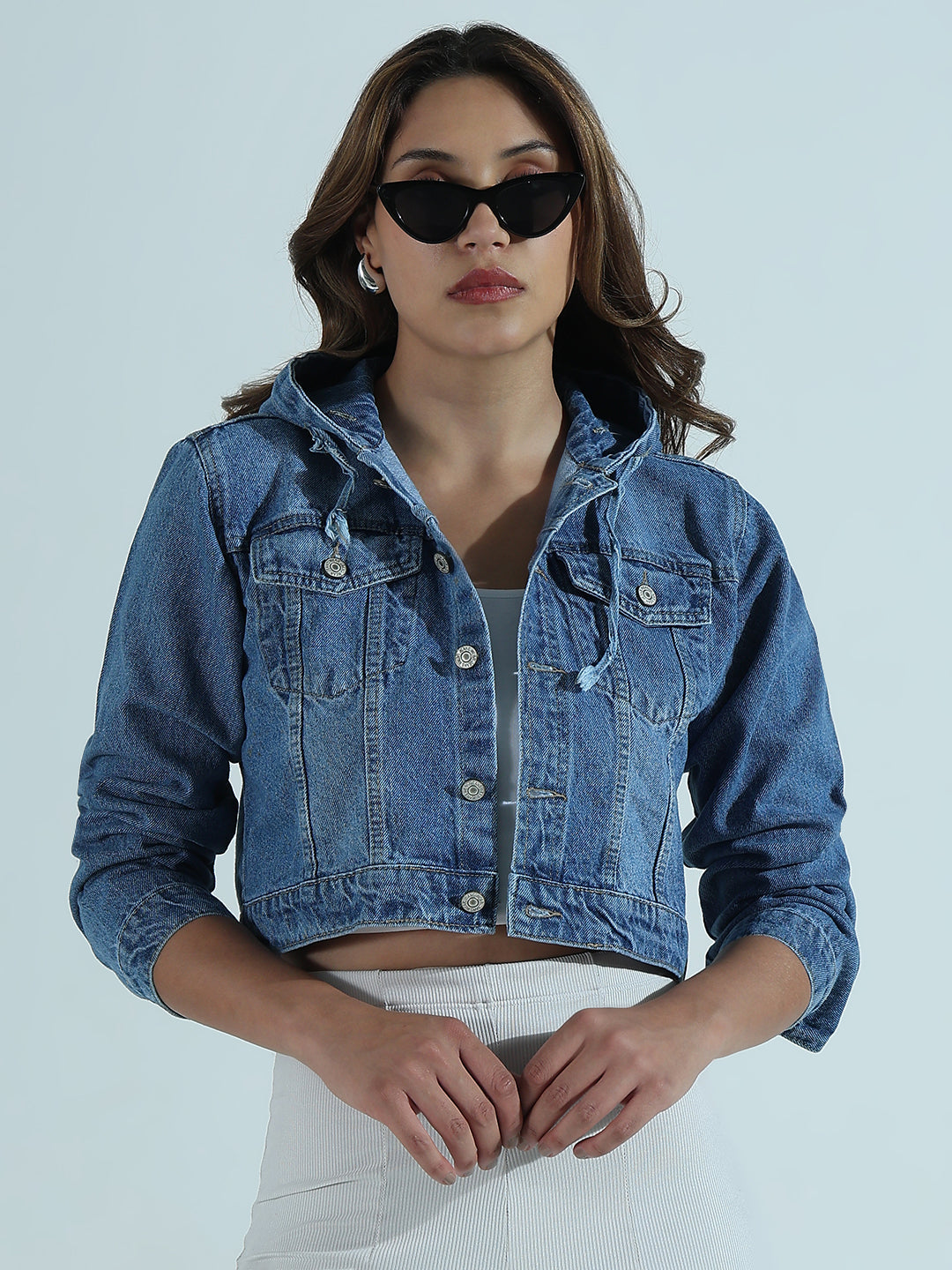 Solid Blue Hooded Denim Jacket