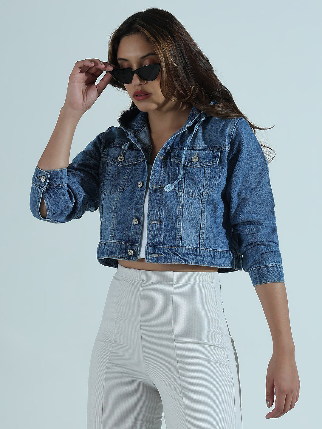 Solid Blue Hooded Denim Jacket