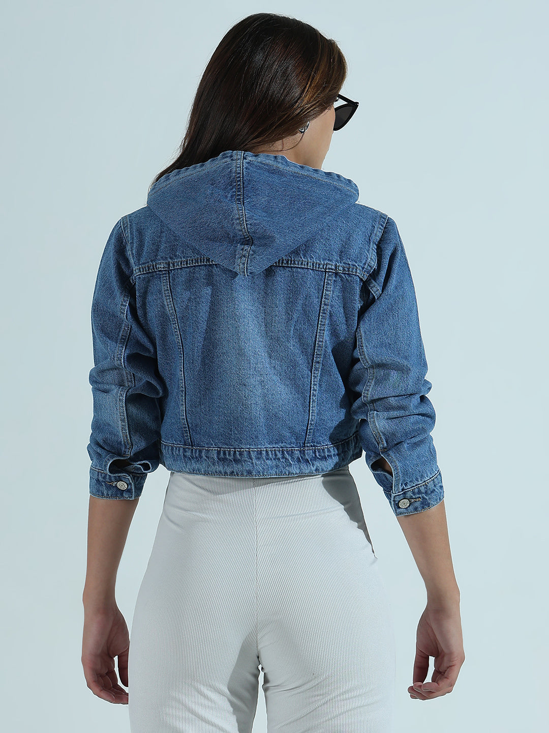 Solid Blue Hooded Denim Jacket