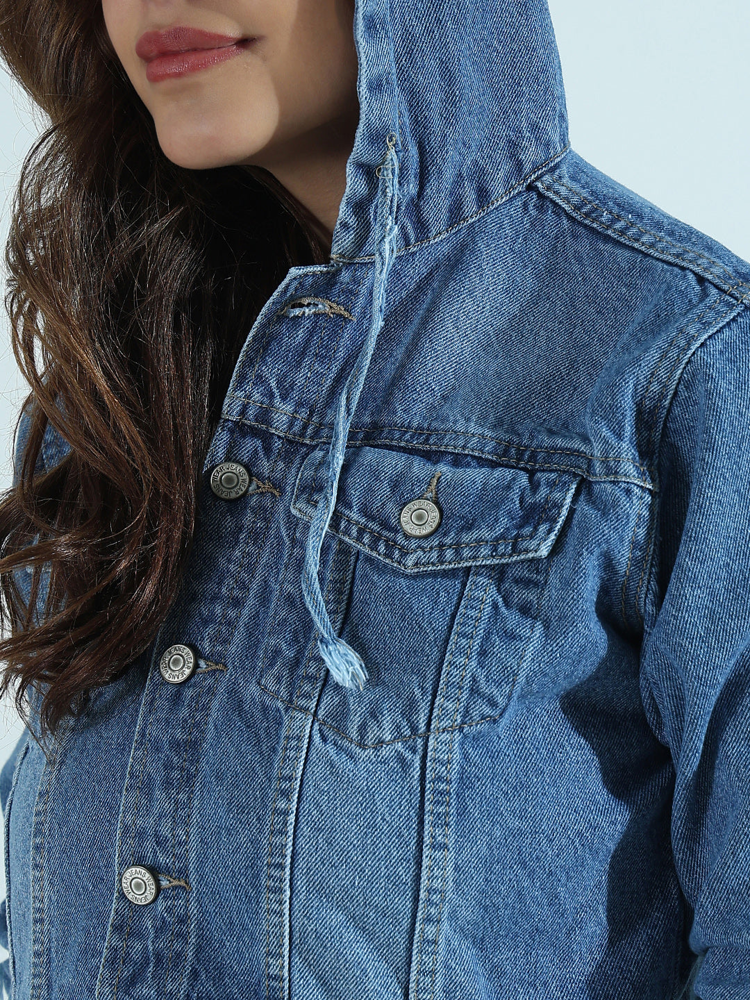 Solid Blue Hooded Denim Jacket