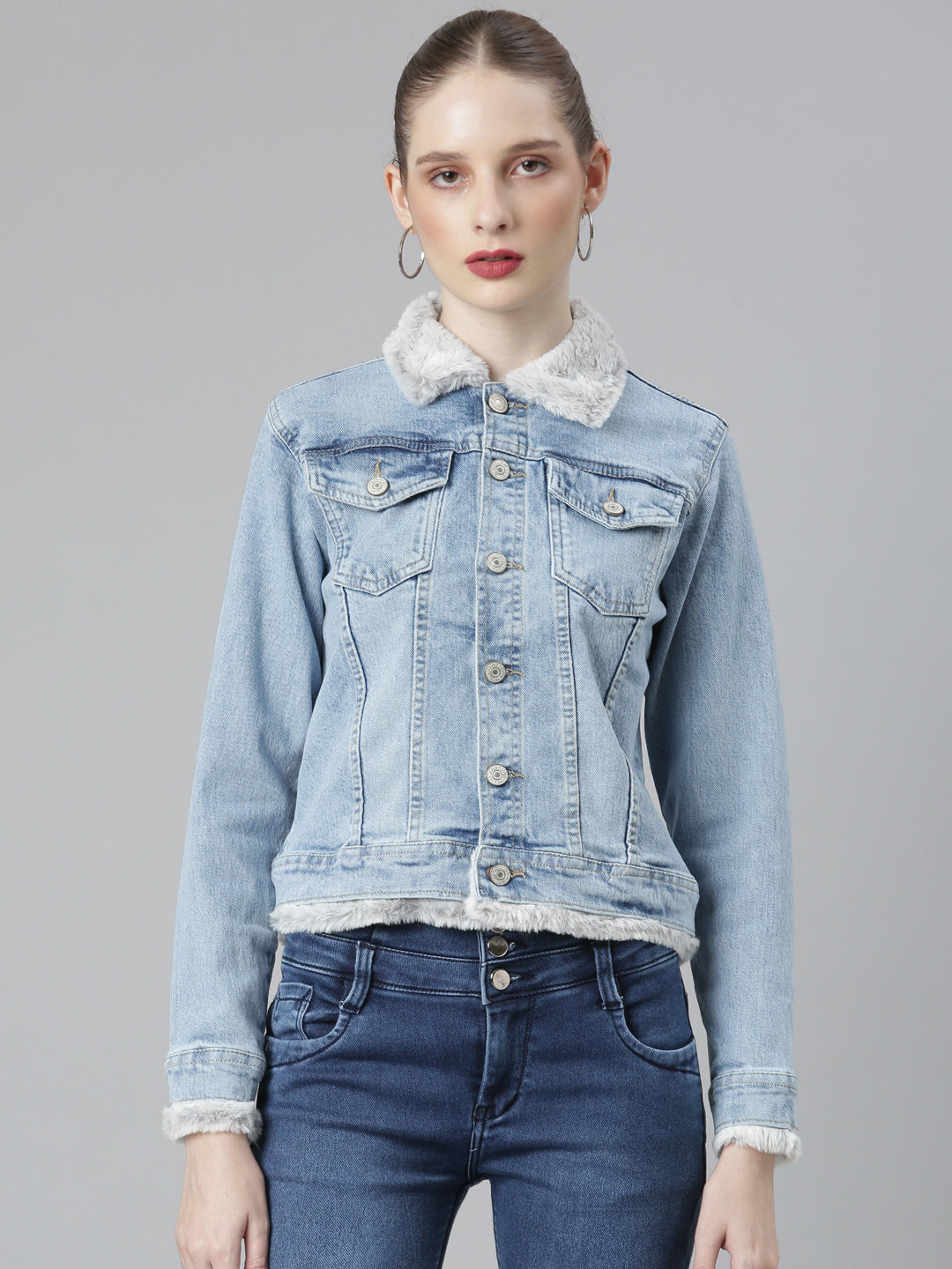 Blue Crop Denim Jacket With Faux Fur Trim
