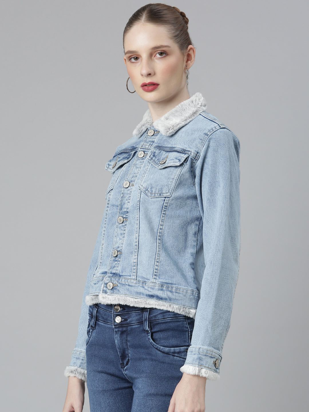 Blue Crop Denim Jacket With Faux Fur Trim