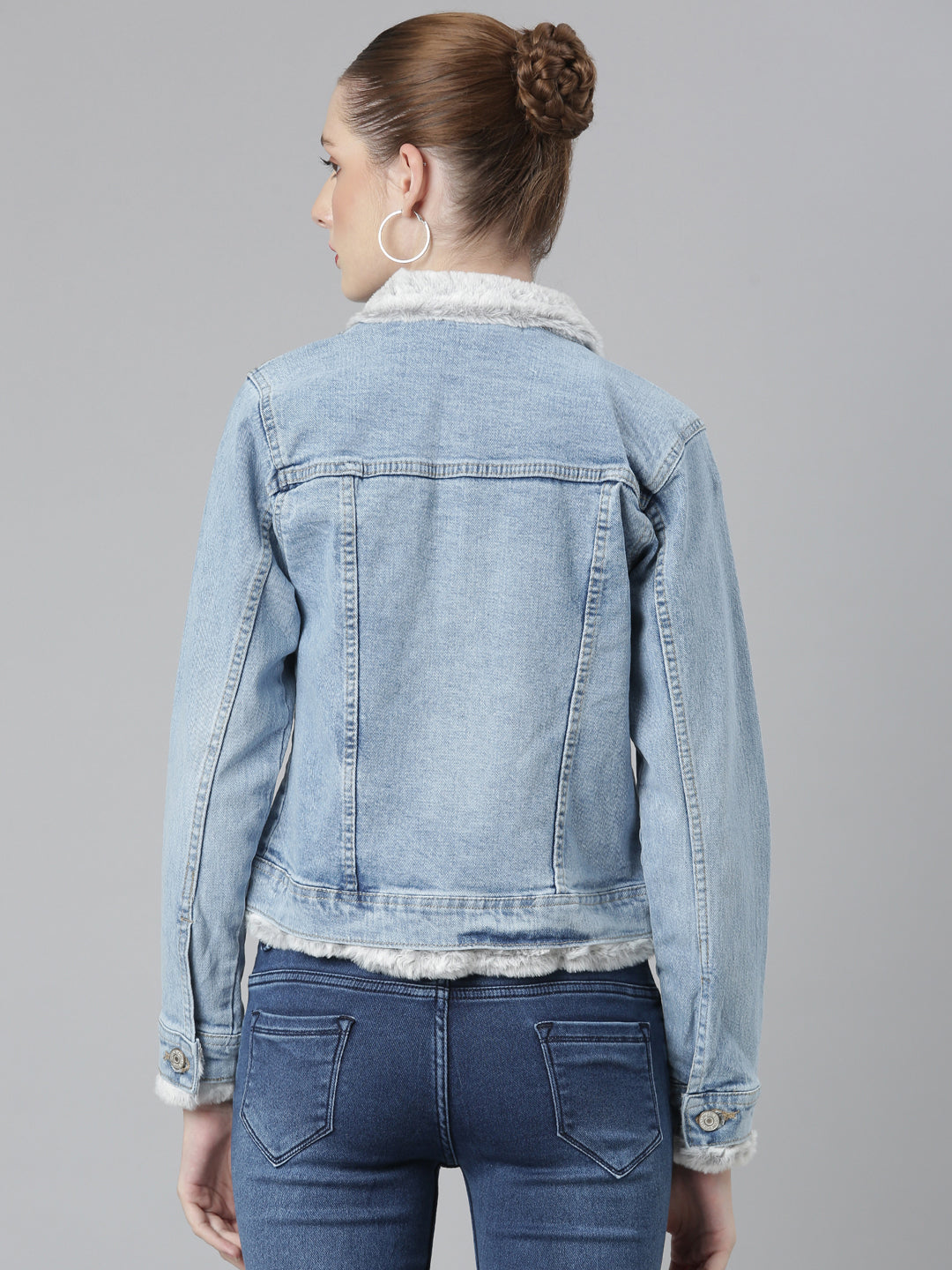 Blue Crop Denim Jacket With Faux Fur Trim