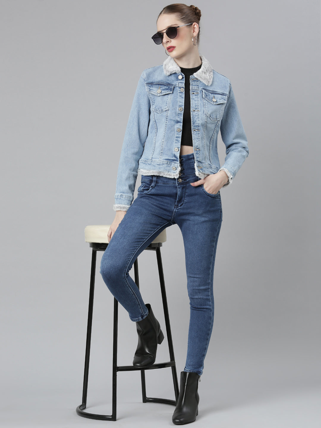 Blue Crop Denim Jacket With Faux Fur Trim