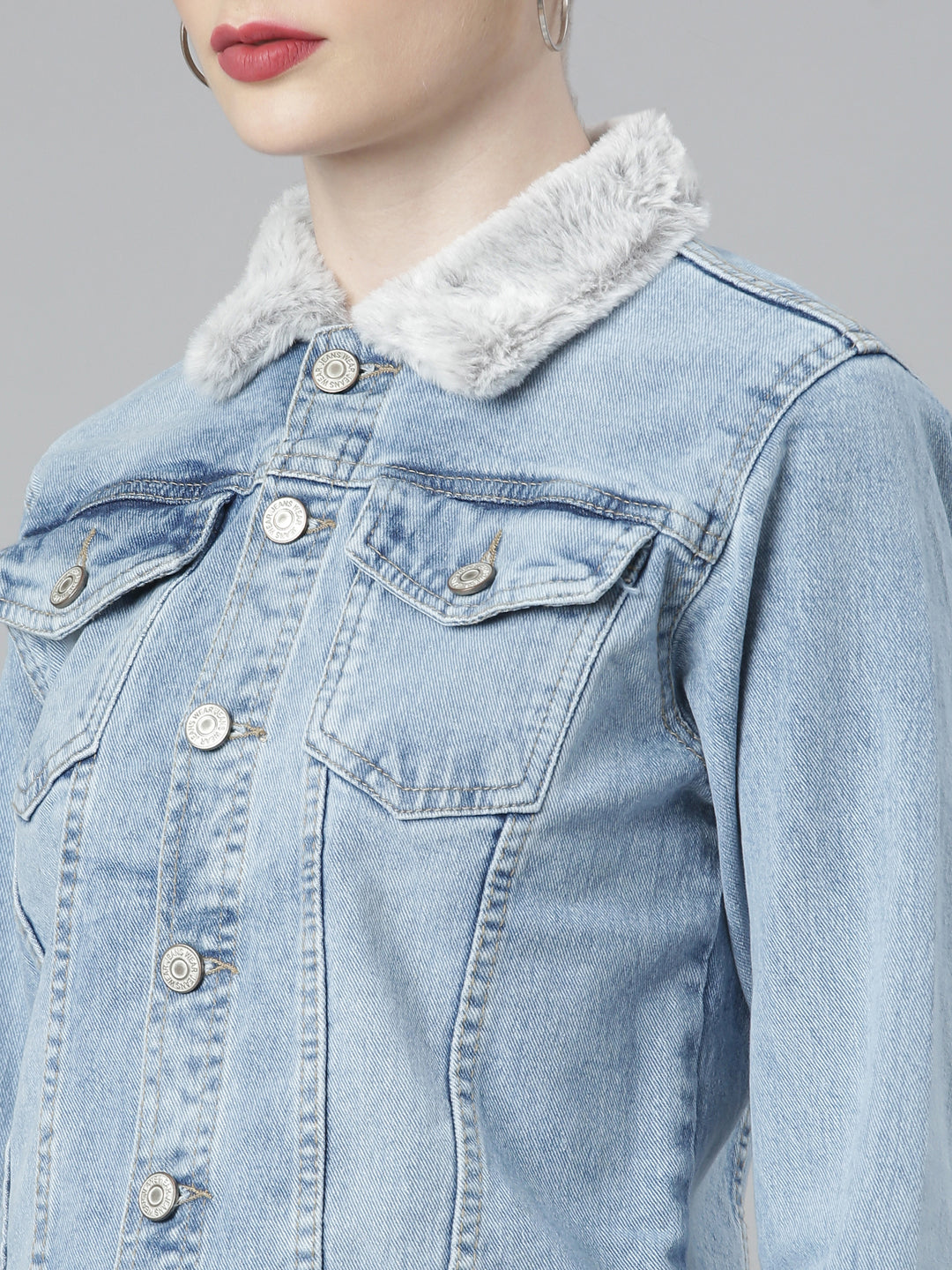 Blue Crop Denim Jacket With Faux Fur Trim