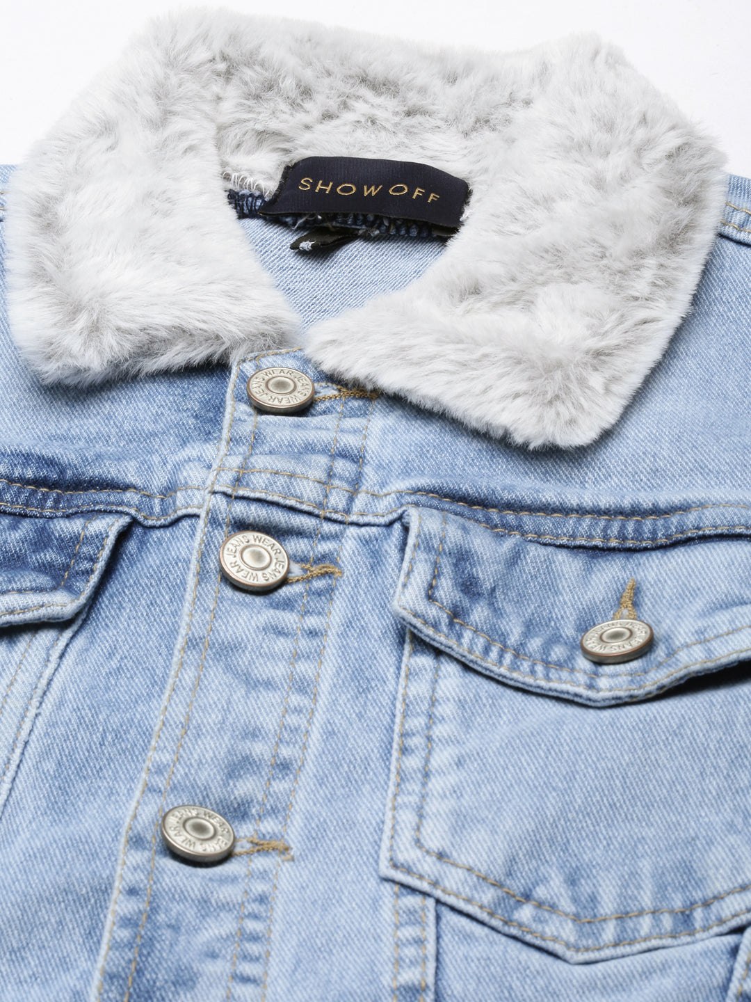 Blue Crop Denim Jacket With Faux Fur Trim